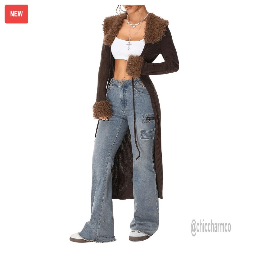 Women's Fuzzy Tie Front Cardigan Sweater Long Sleeve Midi